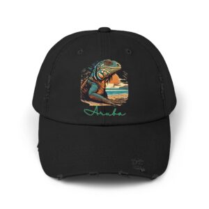Unisex Distressed Cap with Aruba Iguana Design - Trendy Summertime Accessory