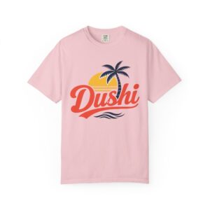 Dushi t-shirt - retro sunset tropical palm beach tee in pink